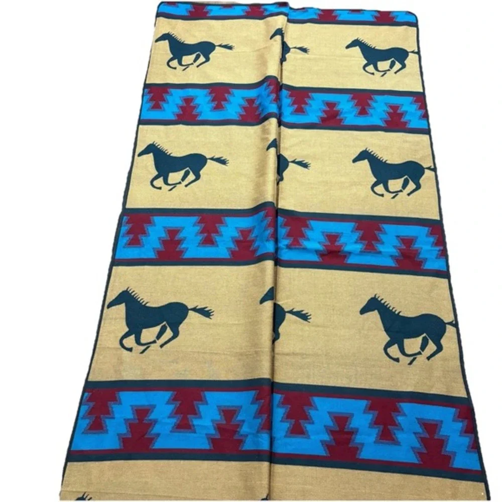 Wool Running Horses Native Style Blanket Teal Gold Reversible Casino Exclu 90x92